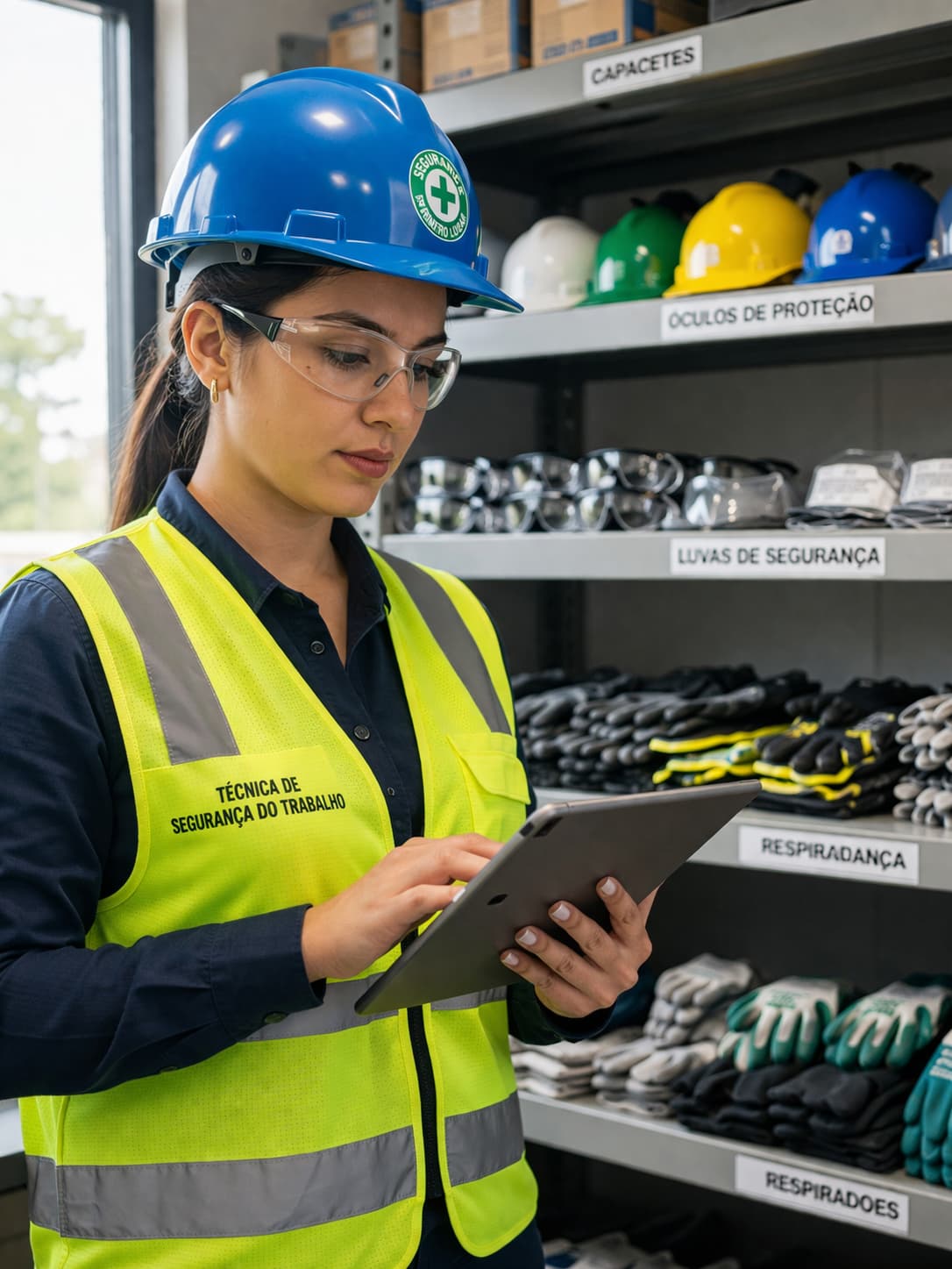 Técnico de segurança do trabalho utilizando tablet para gestão de EPI